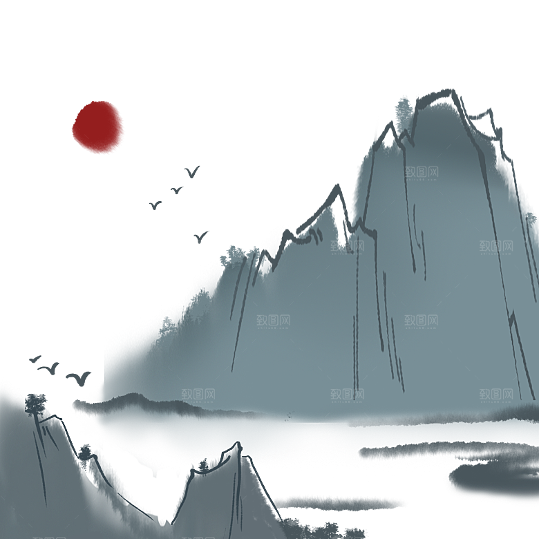中国风水墨山水风景画远山山脉山峰