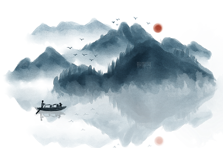 中国风水墨山水风景画远山山脉山峰