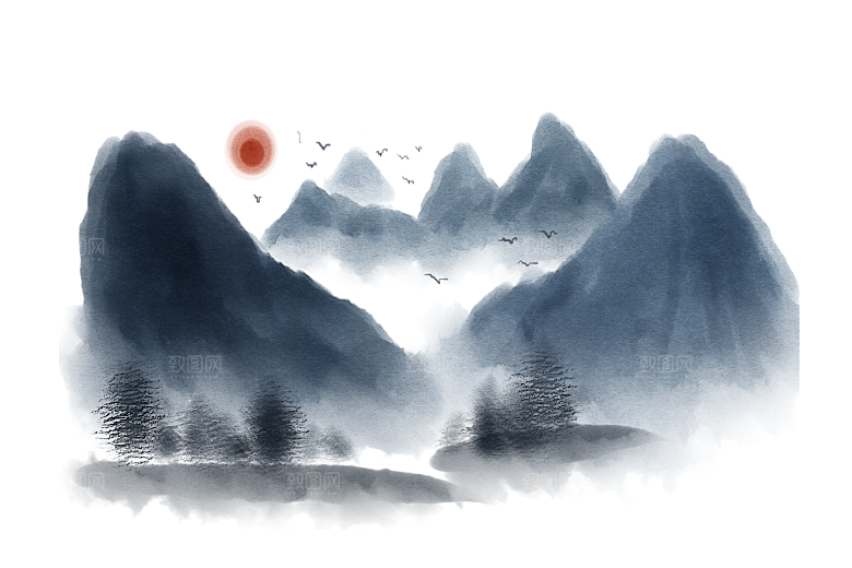中国风水墨山水风景画远山山脉山峰
