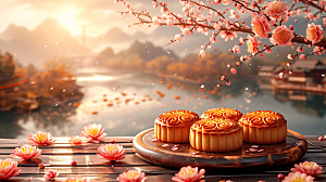 中国风山水月饼节日喜庆素材背景摄影图