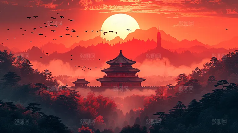 红色中国山水庙宇党政风背景素材背景摄影图