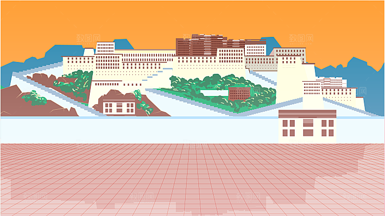 古风山水建筑凉亭荷花插画海报