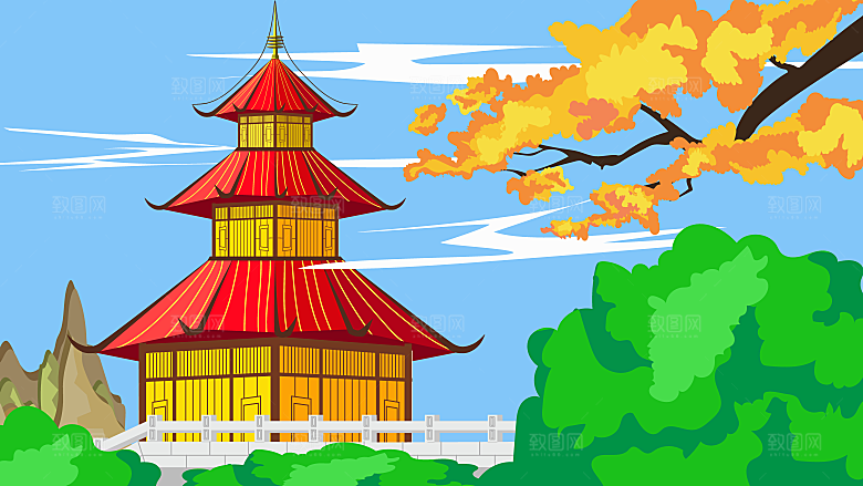 古风山水建筑凉亭荷花插画海报