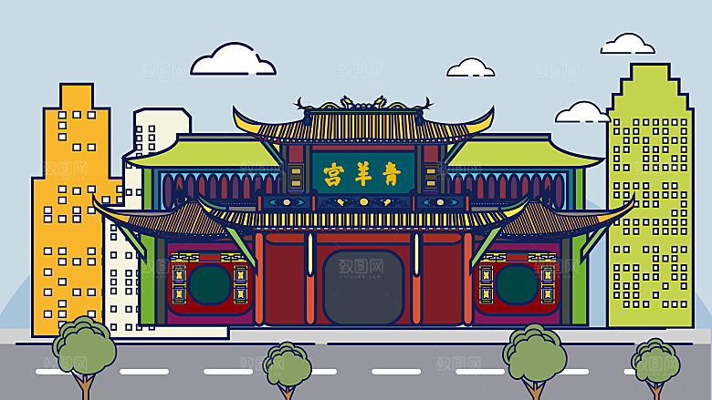 古风山水建筑凉亭荷花插画海报