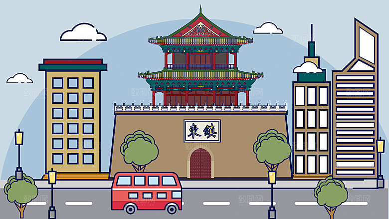 古风山水建筑凉亭荷花插画海报