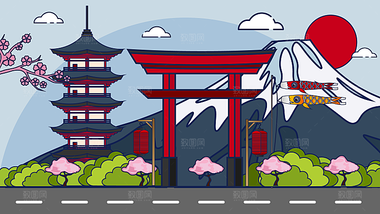 古风山水建筑凉亭荷花插画海报