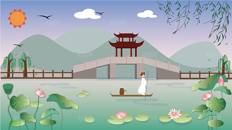 古风山水建筑凉亭荷花插画海报