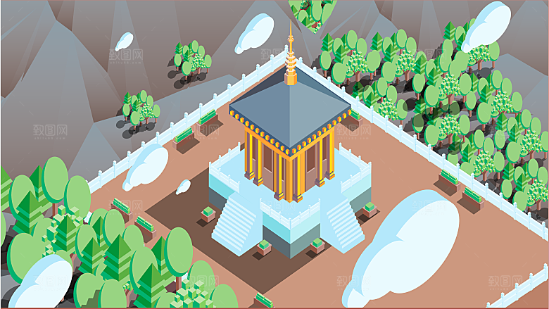 古风山水建筑凉亭荷花插画海报