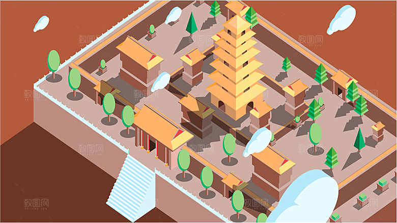 山水建筑风景简约大气插画海报