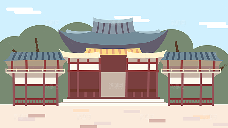 山水建筑风景简约大气插画海报