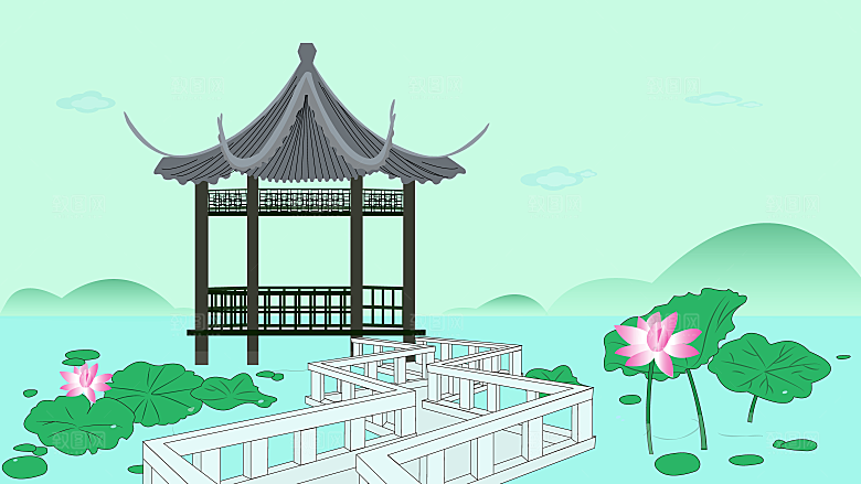 山水建筑风景简约大气插画海报