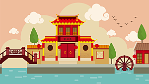 山水建筑风景简约大气插画海报