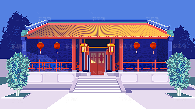 山水建筑风景简约大气插画海报