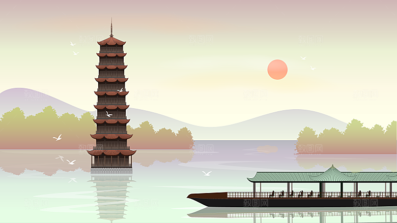 山水建筑风景简约大气插画海报