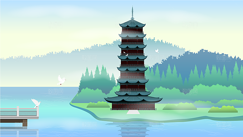 山水建筑风景简约大气插画海报