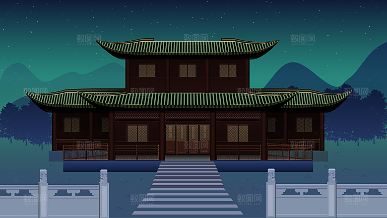 山水建筑风景简约大气插画海报