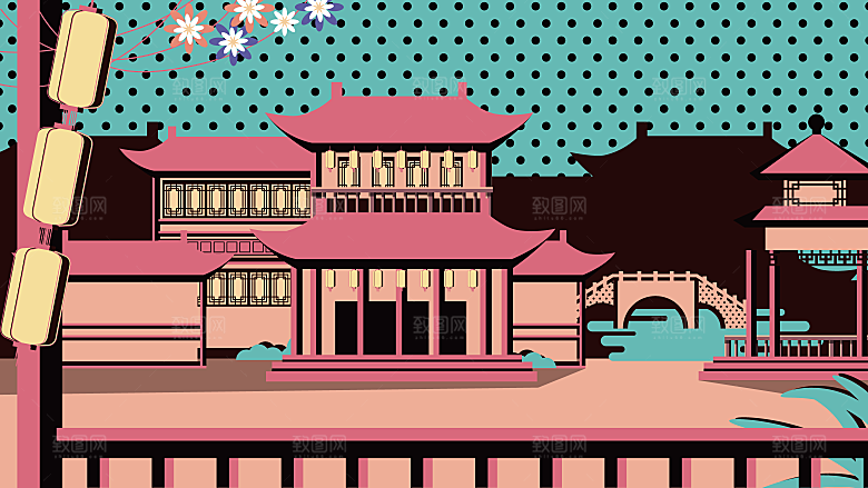 山水建筑风景简约大气插画海报