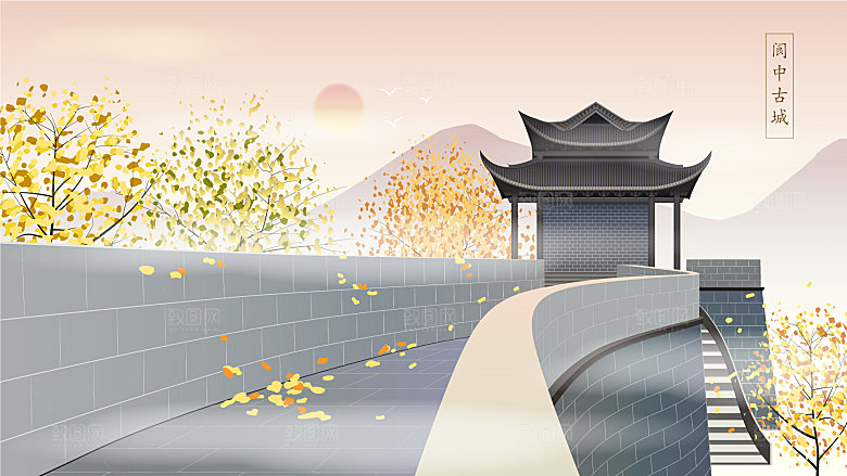 山水建筑风景简约大气插画海报