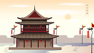 山水建筑风景简约大气插画海报