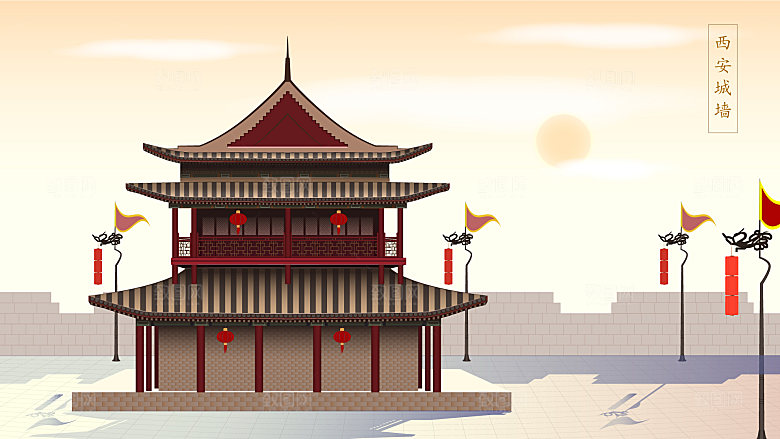 山水建筑风景简约大气插画海报