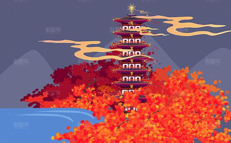 古风山水建筑凉亭荷花插画海报