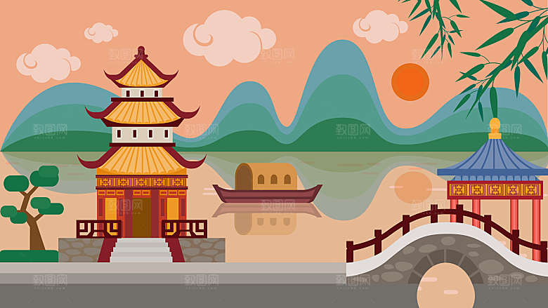 古风山水建筑凉亭荷花插画海报