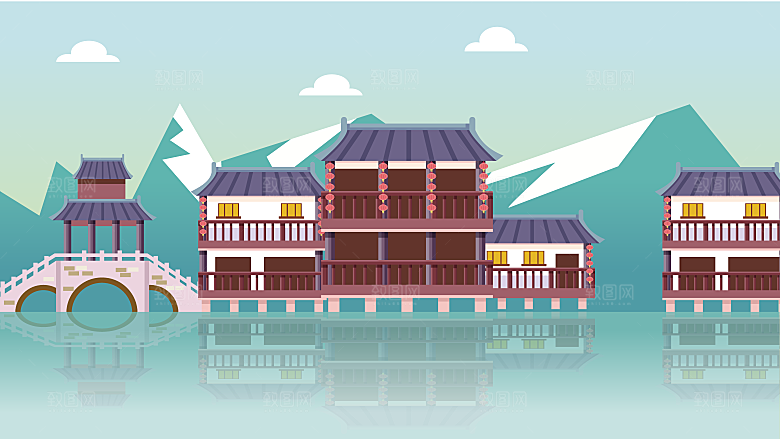 古风山水建筑凉亭荷花插画海报