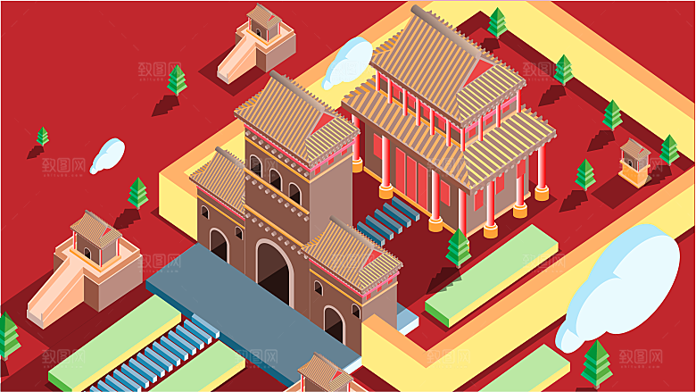 古风山水建筑凉亭荷花插画海报