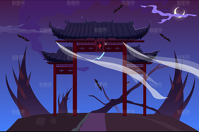 古风山水建筑凉亭荷花插画海报