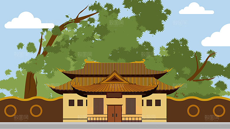 古风山水建筑凉亭荷花插画海报