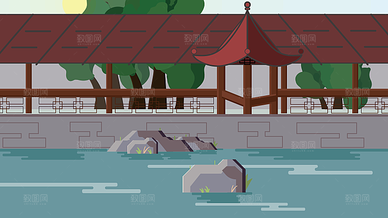 古风山水建筑凉亭荷花插画海报