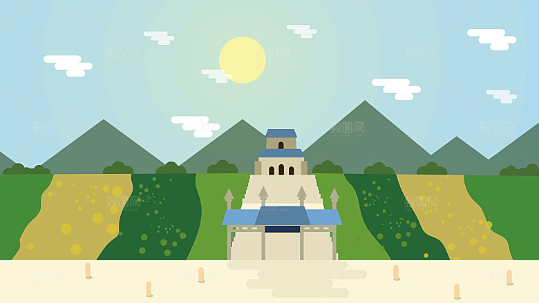 古风山水建筑凉亭荷花插画海报
