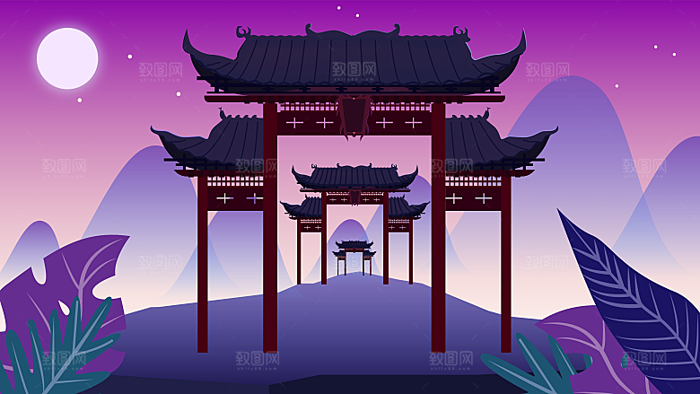 古风山水建筑凉亭荷花插画海报