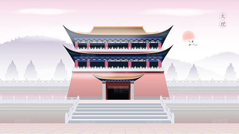 古风山水建筑凉亭荷花插画海报