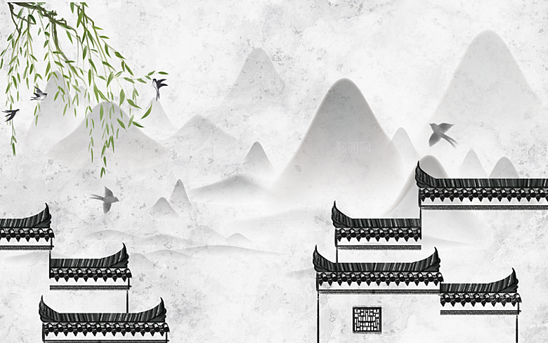 中国风中式古风山水墨电视装饰插画海报背景