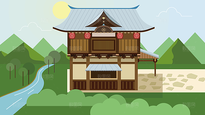 山水建筑风景简约大气插画海报