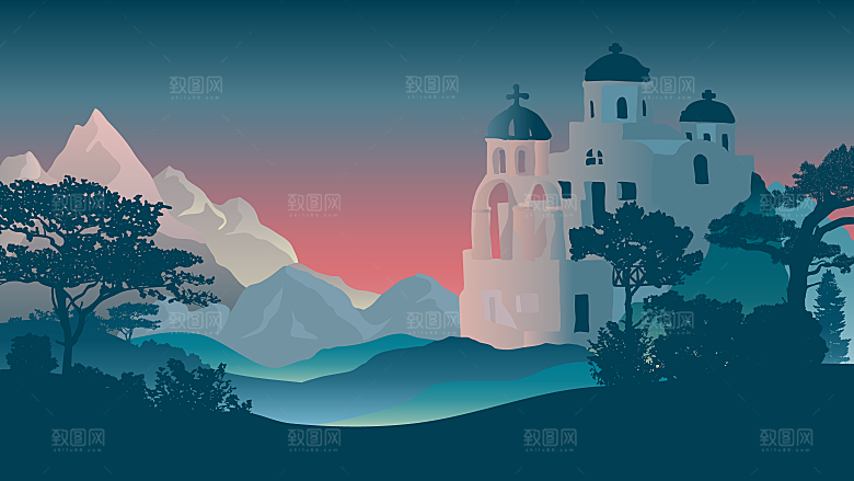 山水建筑风景简约大气插画海报