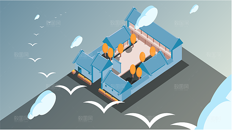 山水建筑风景简约大气插画海报
