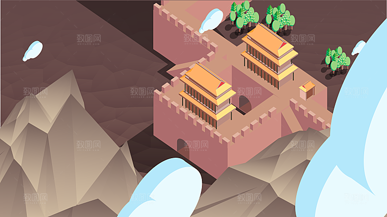 山水建筑风景简约大气插画海报