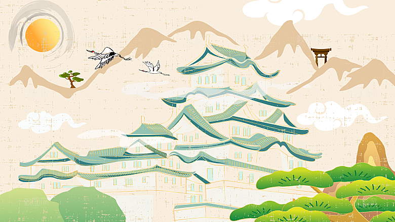 山水建筑风景简约大气插画海报