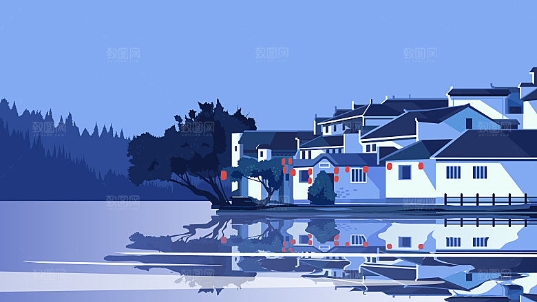 山水建筑风景简约大气插画海报