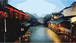 山水建筑风景简约大气插画海报