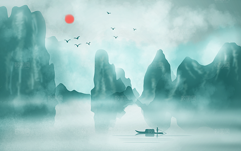 中国风中式古风山水墨电视装饰插画海报背景