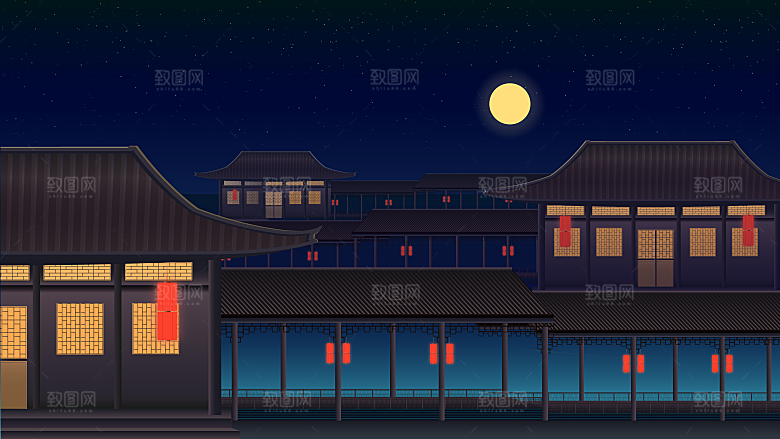 山水建筑风景简约大气插画海报
