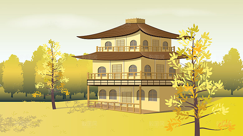 山水建筑风景简约大气插画海报