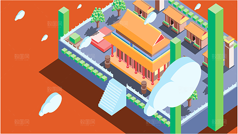 古风山水建筑凉亭荷花插画海报