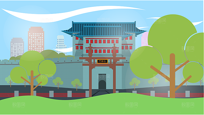古风山水建筑凉亭荷花插画海报