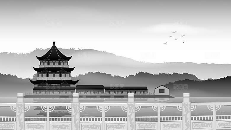 古风山水建筑凉亭荷花插画海报