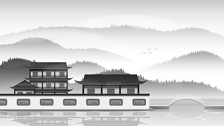 古风山水建筑凉亭荷花插画海报