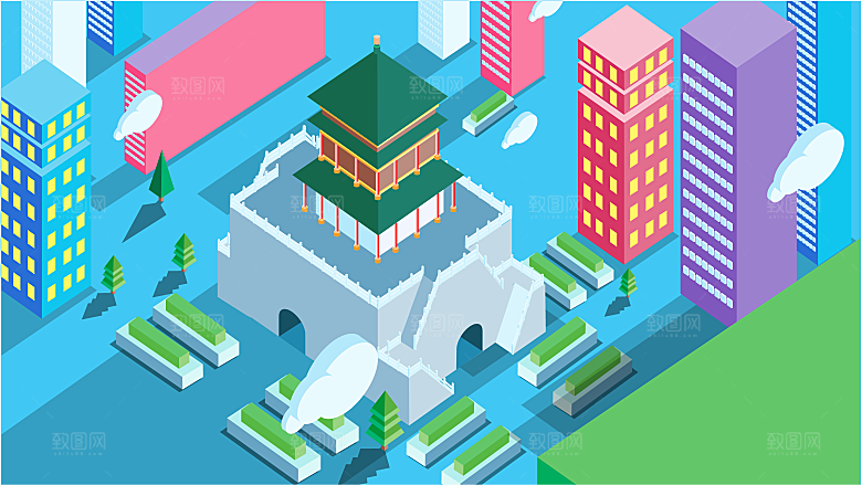 古风山水建筑凉亭荷花插画海报